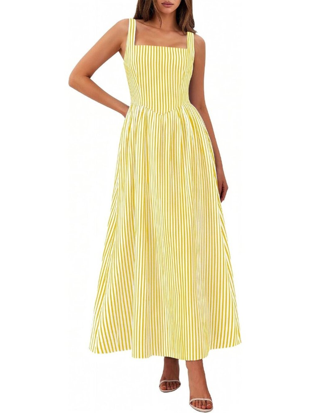 Women's Yellow Striped Sundress Summer Sleeveless Square Neck Pockets Maxi Dress